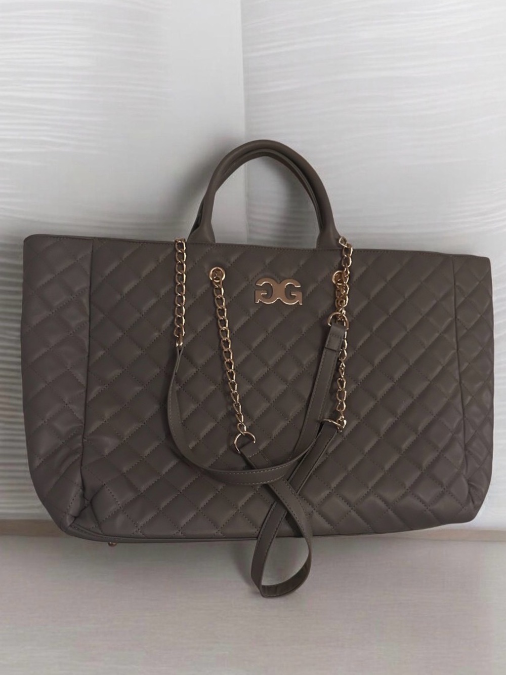 Gilda Paris Quilted Taupe Tote Bag with Gold Chain Accents